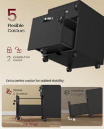 LEDREM Lockable File Cabinet, Filing Pedestal With 2 Drawers, 5 Wheels, And Adjustable Hanging Rails, Textured Surface,black - thumbnail 6