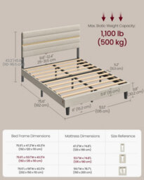 LEDREM Double Bed Frame, For 135 X 190 Cm Mattress, Adjustable Upholstered Headboard, Metal Frame, Wooden Slats, Modern - thumbnail 6