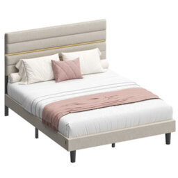 LEDREM Double Bed Frame, For 135 X 190 Cm Mattress, Adjustable Upholstered Headboard, Metal Frame, Wooden Slats, Modern - thumbnail 2