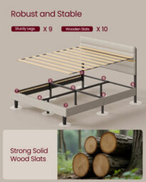 LEDREM Double Bed Frame, For 135 X 190 Cm Mattress, Adjustable Upholstered Headboard, Metal Frame, Wooden Slats, Modern - thumbnail 4