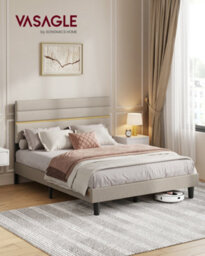 LEDREM Double Bed Frame, For 135 X 190 Cm Mattress, Adjustable Upholstered Headboard, Metal Frame, Wooden Slats, Modern - thumbnail 1