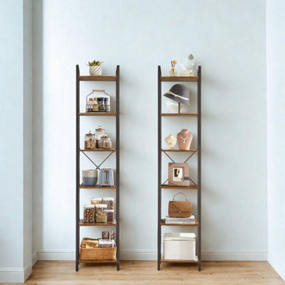 FURNOLD Industrial 6 Tier Tall Narrow Bookcase Shelves Rustic Brown - image 1