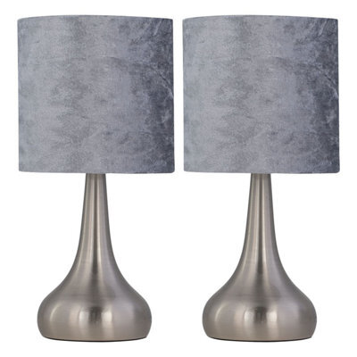 First Choice Lighting Set Of 2 Romana - Brushed Chrome Touch Table Lamps Grey  Velvet Shades - image 1