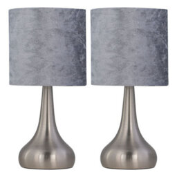 First Choice Lighting Set Of 2 Romana - Brushed Chrome Touch Table Lamps Grey  Velvet Shades - thumbnail 1