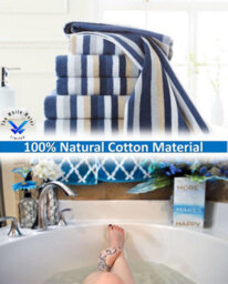 Natural Cotton Bath Towel Blue 6 Threads Combed Stripe Royal Victorian Flossy Stripe Salon - thumbnail 2