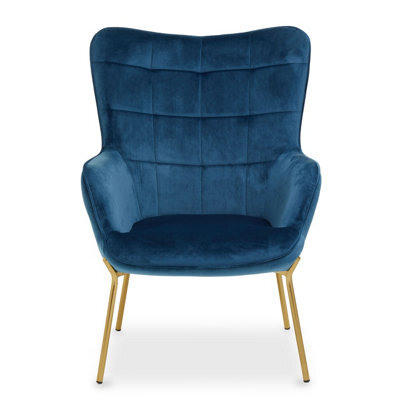 Orsina And Durable Blue Velvet Armchair With Gold Legs, High Back Patterned Armchair, Easy To Maintain Bucket Chair - image 1