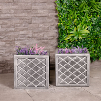 Charles Bentley Pair Of Lazio Square Pewter Planters (Dia. 32Cm) Grey Plastic - image 1