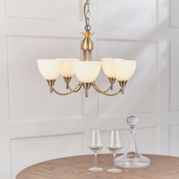 Anson Lighting Royal 5Lt Pendant Light Finished In Antique Brass Plate And Matt Opal Glass