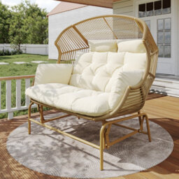 Matteo Beige 2-Seater Garden Swing Rocking Chair With Cushions, Durable Pe Rattan & Metal Frame