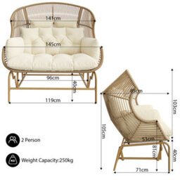 Matteo Beige 2-Seater Garden Swing Rocking Chair With Cushions, Durable Pe Rattan & Metal Frame - thumbnail 3