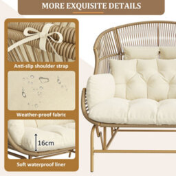 Matteo Beige 2-Seater Garden Swing Rocking Chair With Cushions, Durable Pe Rattan & Metal Frame - thumbnail 5