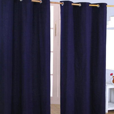 Homescapes Plain Off Navy Blue Cotton Eyelet Curtains 137 X 228 Cm - image 1