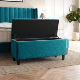 150Cm Lined Upholstered Ottoman Storage Box - Emerald Green Plush Velvet Blanket Storage Box With Wooden Legs - thumbnail 2