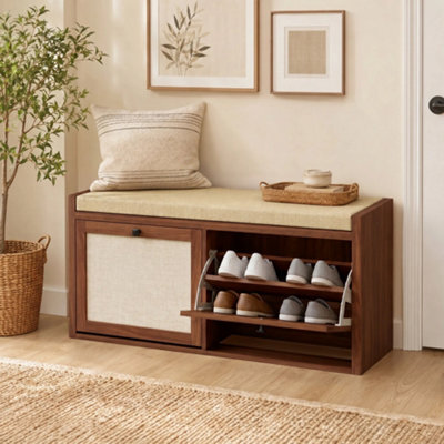 Homcom Rattan Shoe Bench With Padded Cushion And 2 Cabinets, Brown - image 1