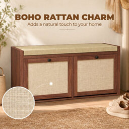 Homcom Rattan Shoe Bench With Padded Cushion And 2 Cabinets, Brown - thumbnail 4