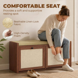 Homcom Rattan Shoe Bench With Padded Cushion And 2 Cabinets, Brown - thumbnail 7