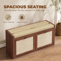 Homcom Rattan Shoe Bench With Padded Cushion And 2 Cabinets, Brown - thumbnail 6