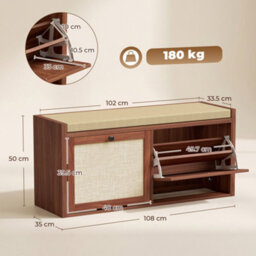 Homcom Rattan Shoe Bench With Padded Cushion And 2 Cabinets, Brown - thumbnail 3