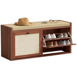 Homcom Rattan Shoe Bench With Padded Cushion And 2 Cabinets, Brown - thumbnail 2