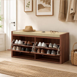 Homcom Rattan Shoe Bench With Padded Cushion And 2 Cabinets, Brown - thumbnail 8