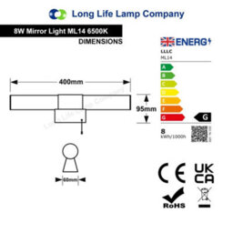 Long Life Lamps Company 8W Led Bathroom Frosted Mirror Wall Light With Pull Cord Cool White 6500K Ip44 Ml14 - thumbnail 2