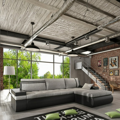 Oslo Living Room Sleeper Corner Sofa With Storage Bed Function Chipboard Wood Frame Hr Foam Grey And Black Right - image 1
