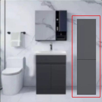 D Pro T Bathrooms Modern Handleless High Gloss Dark Grey Bathroom Tall Boy Cabinet - 2 Door, 1800mm Durable, Space-Saving Design