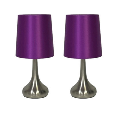 Navilux Modern Chrome Teardrop Touch Table Lamp Purple Faux Silk Shade 4-Stage Dimmable Silver Brushed Pair Lamps Energy Class F - image 1