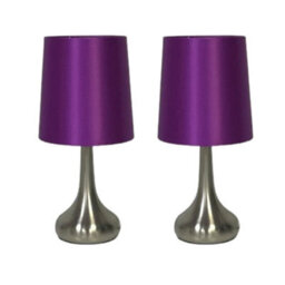 Navilux Modern Chrome Teardrop Touch Table Lamp Purple Faux Silk Shade 4-Stage Dimmable Silver Brushed Pair Lamps Energy Class F