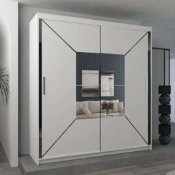Sliding Wardrobes 4 u LTD Modern Bedroom Cabinet Sliding Wardrobe With Led Light And Central Mirror Double Door Design In White, Black & Grey - White 120Cm