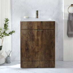 Homestylestore 600mm Dark Oak Floorstanding Bathroom Vanity Unit And Aged Gold Finger Pull Handle - thumbnail 2
