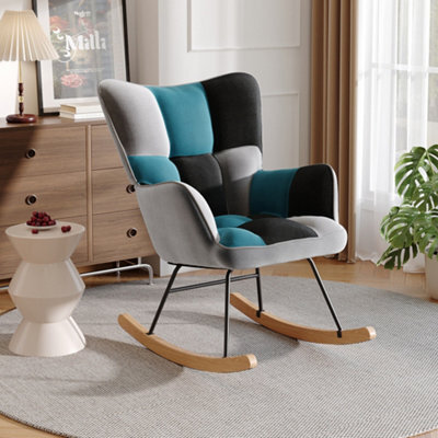 Living And Home Rocking Armchair Patchwork Linen Effect Rocker Chair Recliner Sofa Chair