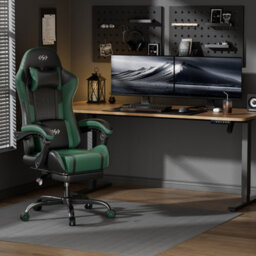 Massage Gaming Chair With Footrest, Headrest & Lumbar Support, Height Adjustable For Home, Green Black - thumbnail 2