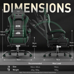 Massage Gaming Chair With Footrest, Headrest & Lumbar Support, Height Adjustable For Home, Green Black - thumbnail 3