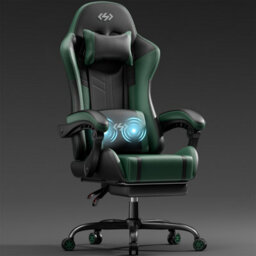 Massage Gaming Chair With Footrest, Headrest & Lumbar Support, Height Adjustable For Home, Green Black