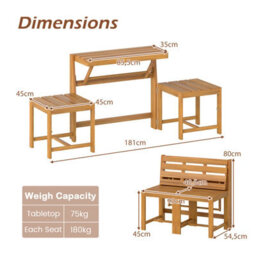 Costway 3-In-1 Convertible Bench Acacia Wood Outdoor Dining Table With 2 Built-In Chairs - thumbnail 2