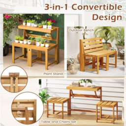 Costway 3-In-1 Convertible Bench Acacia Wood Outdoor Dining Table With 2 Built-In Chairs - thumbnail 3