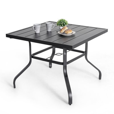 Avestar Outdoor 94 Cm Square Dining Table With 4 Cm Umbrella Hole, Slatted Tabletop And Powder-Coated Iron Frame, Black - image 1