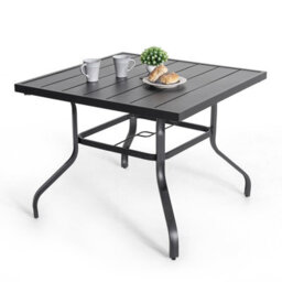 Avestar Outdoor 94 Cm Square Dining Table With 4 Cm Umbrella Hole, Slatted Tabletop And Powder-Coated Iron Frame, Black