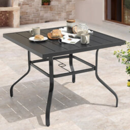 Avestar Outdoor 94 Cm Square Dining Table With 4 Cm Umbrella Hole, Slatted Tabletop And Powder-Coated Iron Frame, Black - thumbnail 2