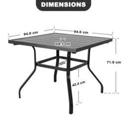 Avestar Outdoor 94 Cm Square Dining Table With 4 Cm Umbrella Hole, Slatted Tabletop And Powder-Coated Iron Frame, Black - thumbnail 3