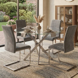 Oira Homes Modern 4 Seater Dining Table Set With Round Glass Dining Table And 4 L Grey Velvet Chairs - thumbnail 2