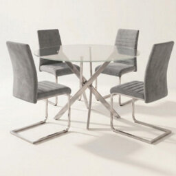 Oira Homes Modern 4 Seater Dining Table Set With Round Glass Dining Table And 4 L Grey Velvet Chairs - thumbnail 1