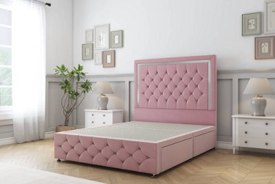 "Sloomy Sofia Chrome Pink Plush Divan Bed 2 Drawers Left Side-26"" Strutted Headboard 12"" Footboard 2'6 Small Single" - image 1