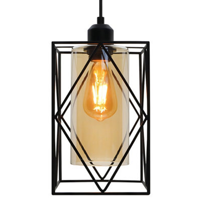 Long Life Lamps Company Modern Rectangular Black Metal Cage Amber Cylinder Glass Ceiling Pendant Light H3121 - image 1