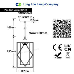 Long Life Lamps Company Modern Rectangular Black Metal Cage Amber Cylinder Glass Ceiling Pendant Light H3121 - thumbnail 2