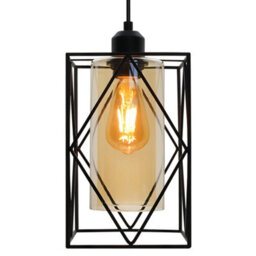 Long Life Lamps Company Modern Rectangular Black Metal Cage Amber Cylinder Glass Ceiling Pendant Light H3121 - thumbnail 1