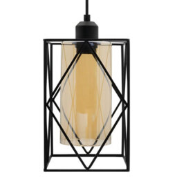 Long Life Lamps Company Modern Rectangular Black Metal Cage Amber Cylinder Glass Ceiling Pendant Light H3121 - thumbnail 3