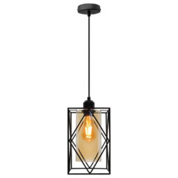 Long Life Lamps Company Modern Rectangular Black Metal Cage Amber Cylinder Glass Ceiling Pendant Light H3121 - thumbnail 5