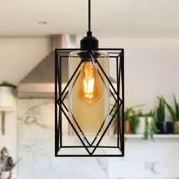 Long Life Lamps Company Modern Rectangular Black Metal Cage Amber Cylinder Glass Ceiling Pendant Light H3121 - thumbnail 7